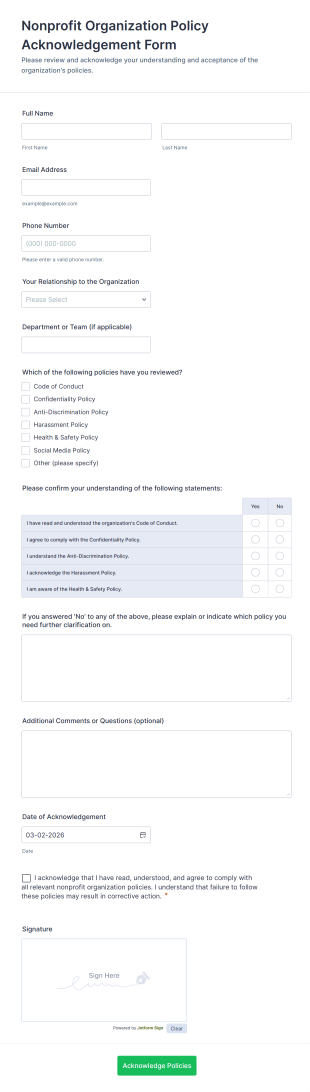 Nonprofit Organization Policy Acknowledgement Form Template