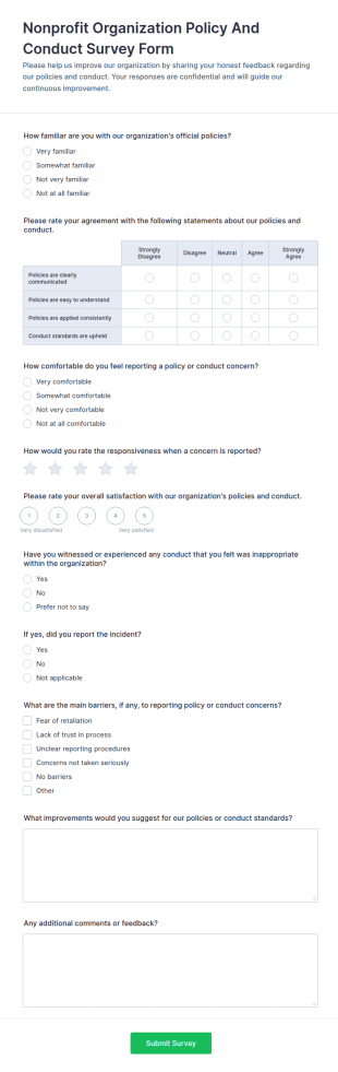 Nonprofit Organization Policy And Conduct Survey Form Template