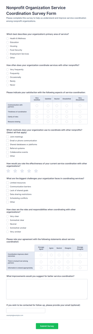 Nonprofit Organization Service Coordination Survey Form Template