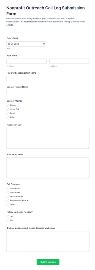 Nonprofit Outreach Call Log Submission Form Template