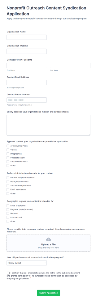 Nonprofit Outreach Content Syndication Application Form Template