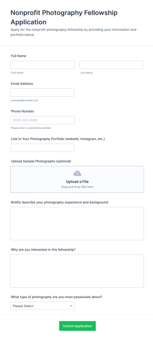 Nonprofit Photography Fellowship Application Form Template