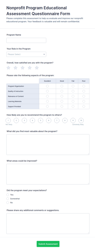 Nonprofit Program Educational Assessment Questionnaire Form Template
