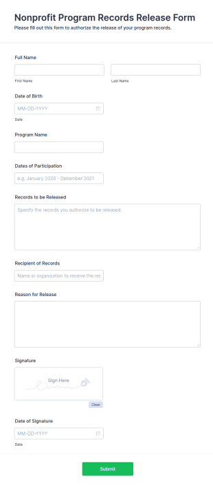 Nonprofit Program Records Release Form Template