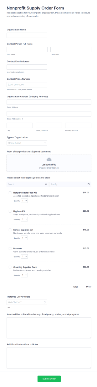 Nonprofit Supply Order Form Template