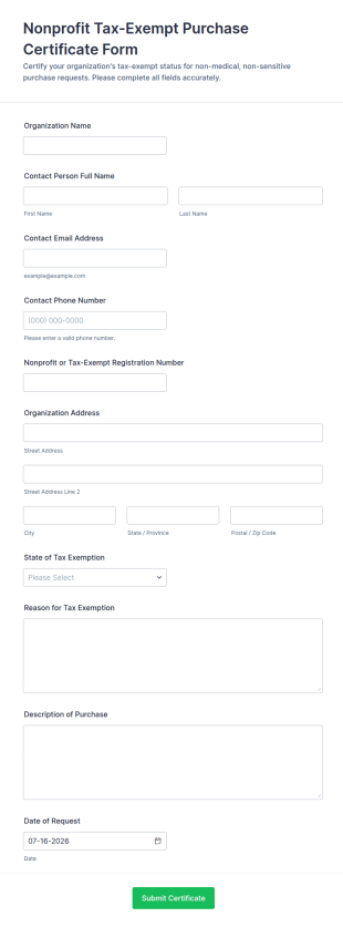Nonprofit Tax Exempt Purchase Certificate Form Template