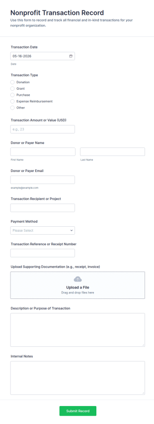 Nonprofit Transaction Record Form Template