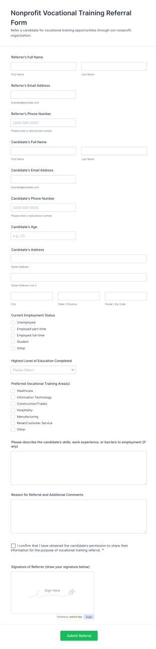 Nonprofit Vocational Training Referral Form Form Template