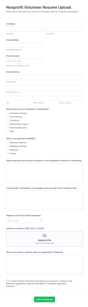 Nonprofit Volunteer Resume Upload Form Template