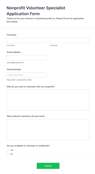 Nonprofit Volunteer Specialist Application Form Form Template