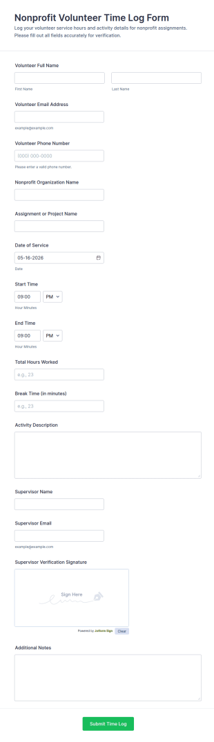Nonprofit Volunteer Time Log Form Template