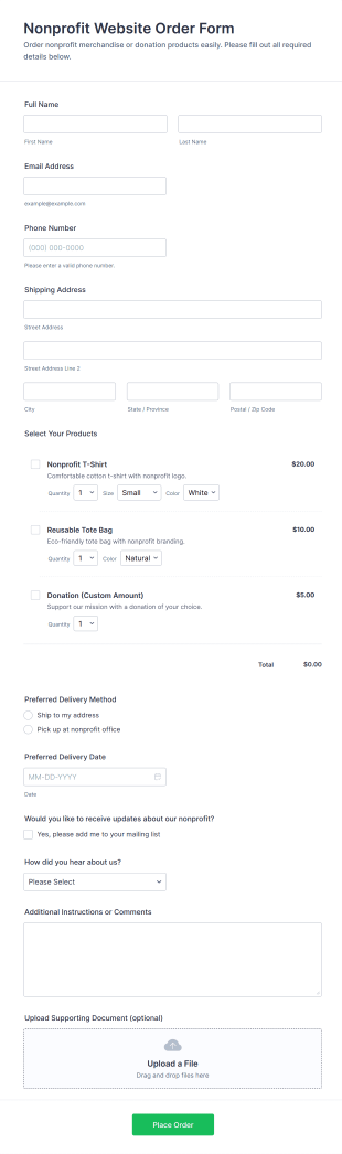 Nonprofit Website Order Form Template