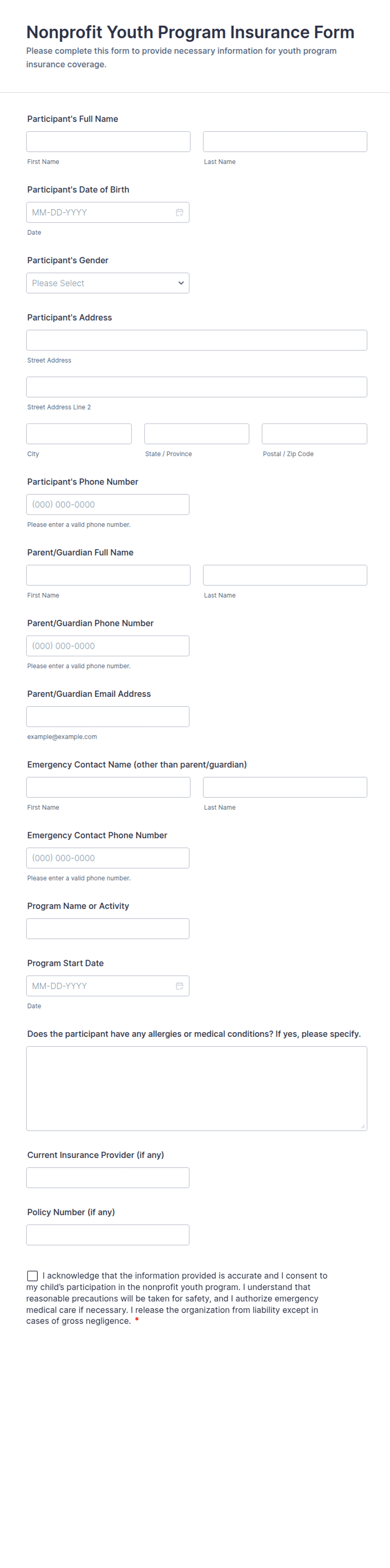 Nonprofit Youth Program Insurance Form Template | Jotform