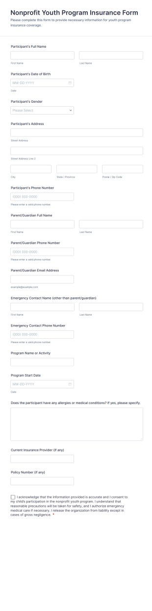 Nonprofit Youth Program Insurance Form Template