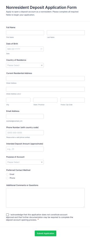 Nonresident Deposit Application Form Template