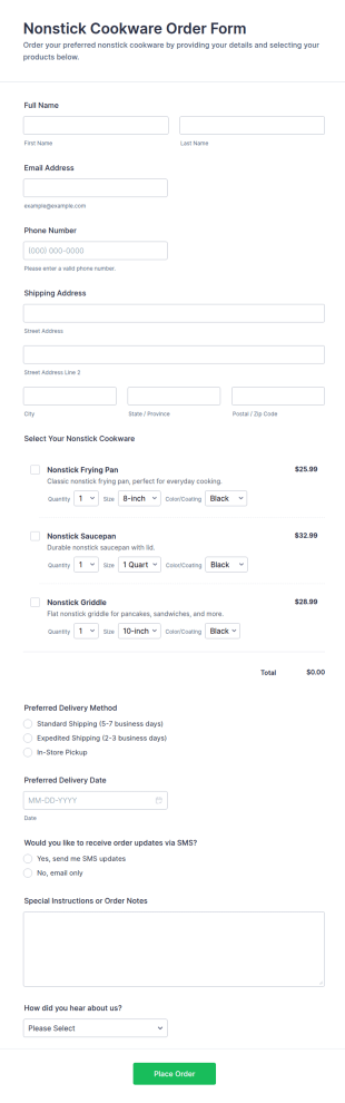 Nonstick Cookware Order Form Template
