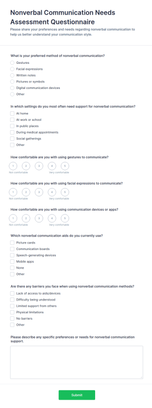 Nonverbal Communication Needs Assessment Questionnaire Form Template