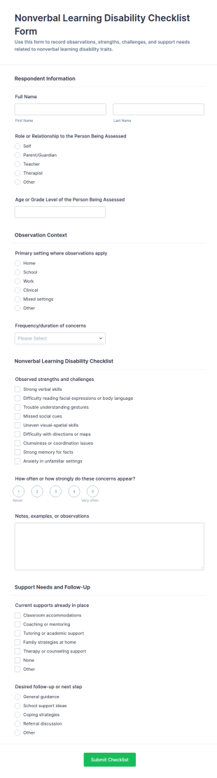 Nonverbal Learning Disability Checklist Form Template