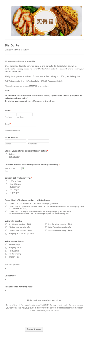 Noodle Order Form Template