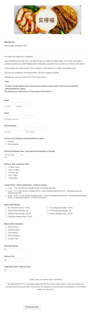 Noodle Order Form Template