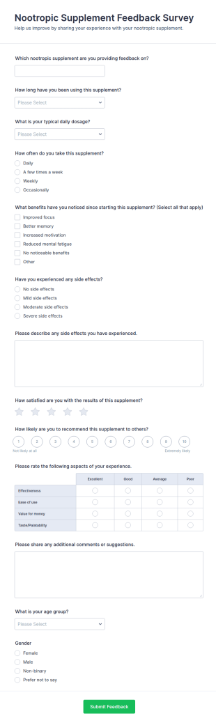 Nootropic Supplement Feedback Survey Form Template