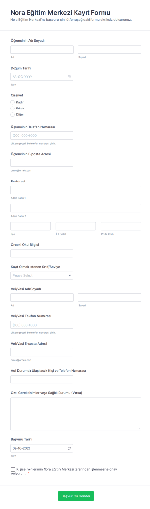Nora Eğitim Merkezi Kayıt Form Şablonu