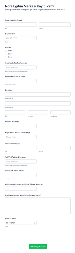 Nora Eğitim Merkezi Kayıt Form Şablonu
