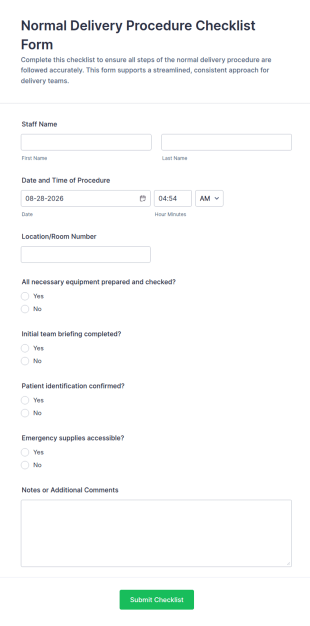 Normal Delivery Procedure Checklist Form Template