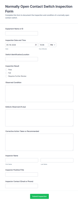 Normally Open Contact Switch Inspection Form Template