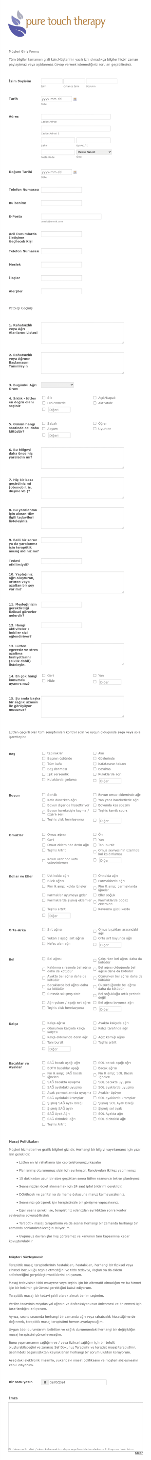 Nöromüsküler Masaj Terapisi Müşteri Girişi Form Şablonu