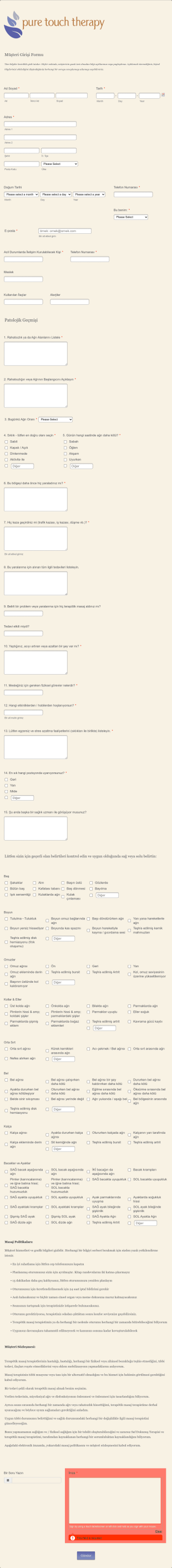 Nöromusküler Masaj Terapisi Müşteri Kayıt Form Şablonu