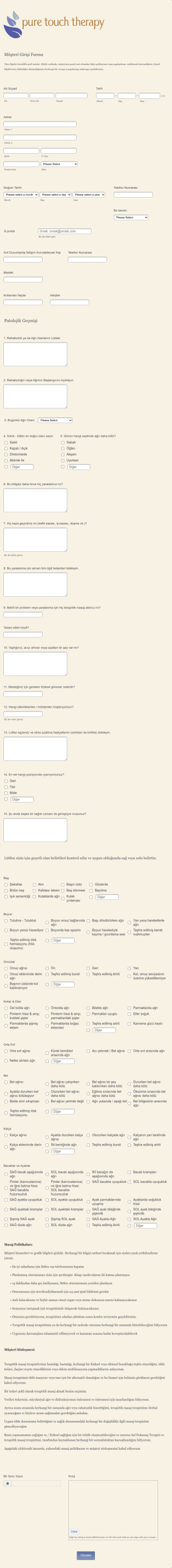 Nöromusküler Masaj Terapisi Müşteri Kayıt Form Şablonu
