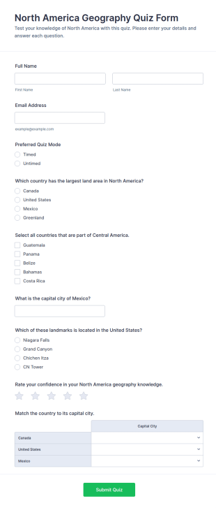 North America Geography Quiz Form Template