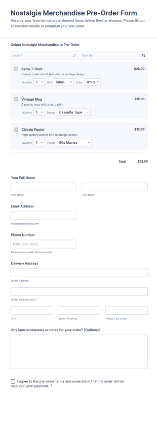 Nostalgia Merchandise Pre Order Form Template