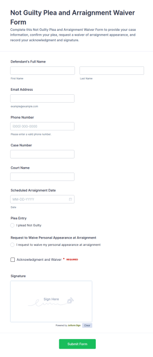 Not Guilty Plea And Arraignment Waiver Form Template