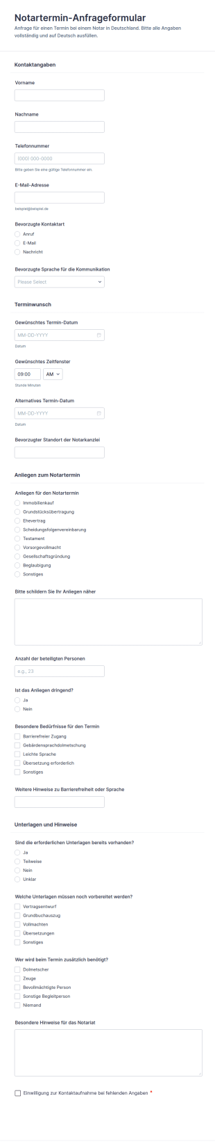 Notarielle Terminvereinbarung Formular
