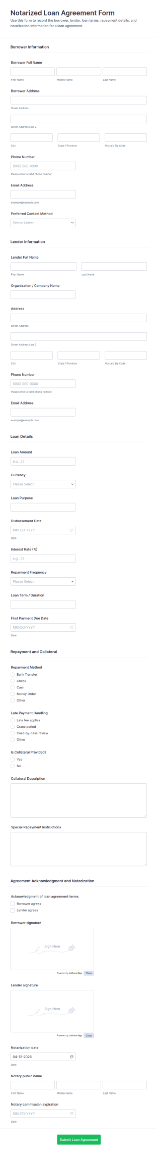 Notarized Loan Agreement Form Template