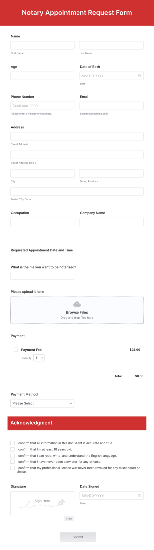 Notary Appointment Request Form Template