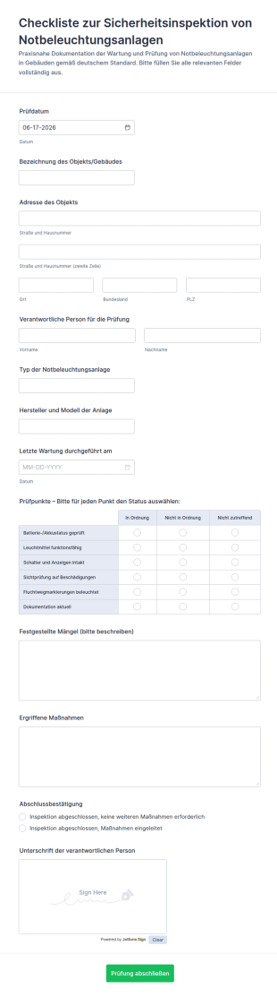Notbeleuchtung Inspektionsformular