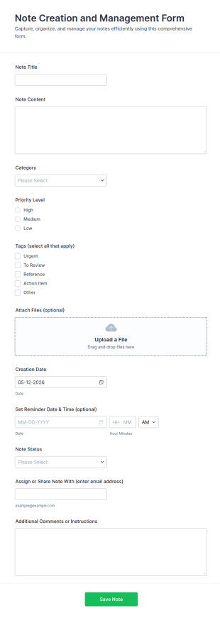 Note Creation And Management Form Template