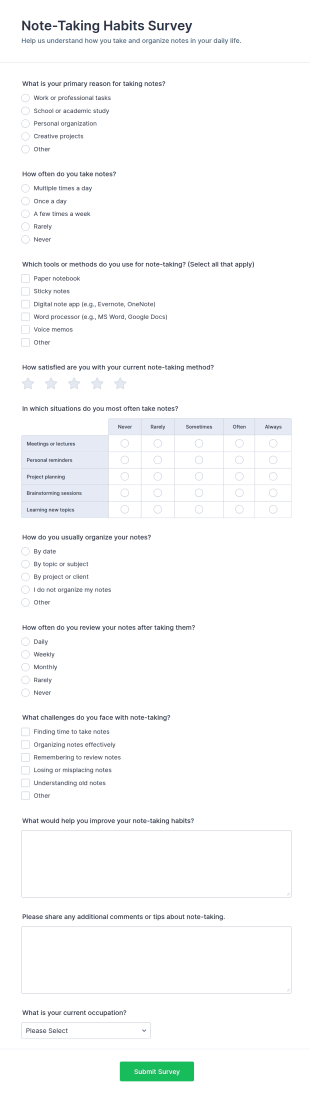 Note Taking Habits Survey Form Template