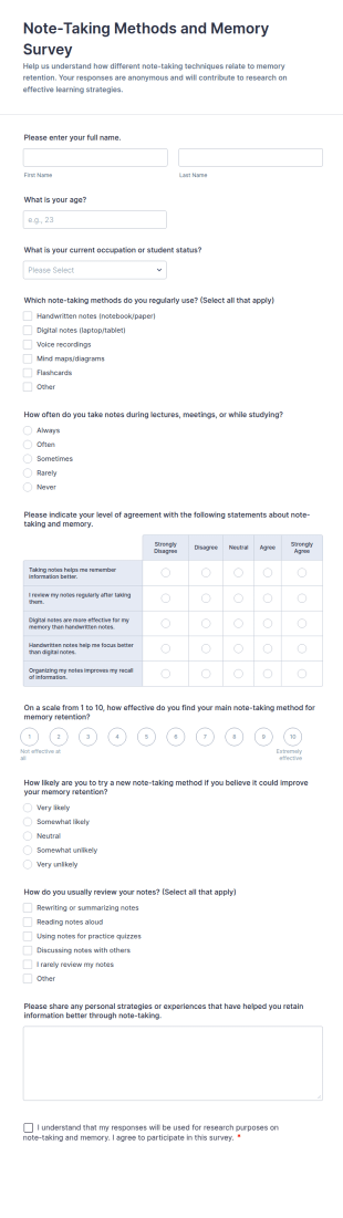 Note Taking Methods And Memory Survey Form Template