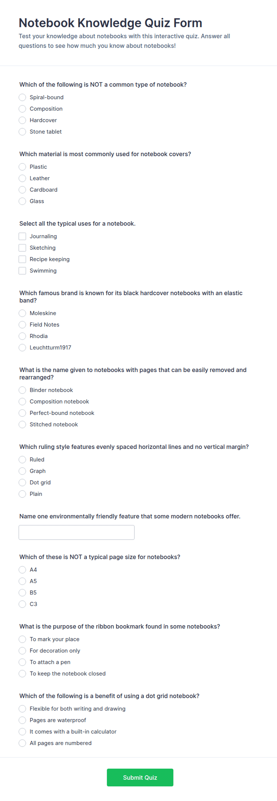Notebook Knowledge Quiz Form Template | Jotform