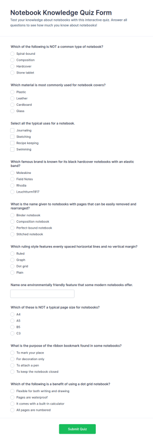 Notebook Knowledge Quiz Form Template