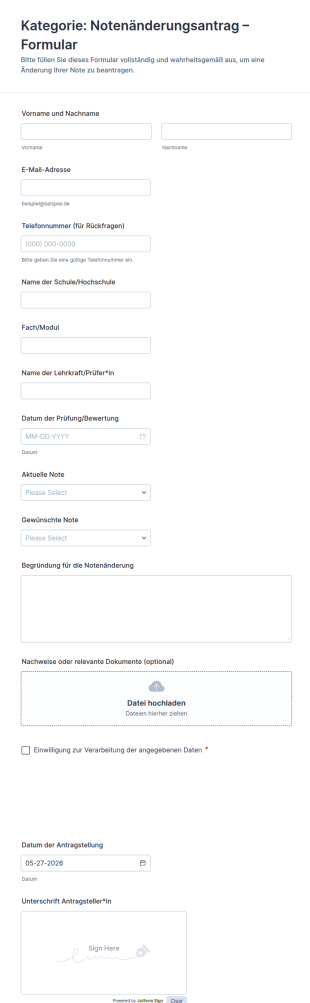 Notenänderungsantrag Formular