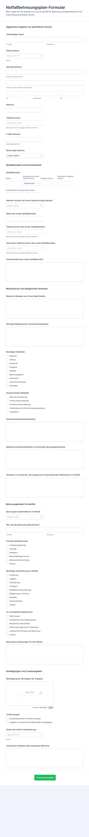 Notfallbetreuungsplan Form