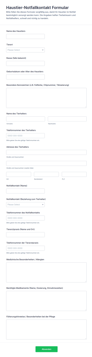 Notfallkontakt Für Haustiere Formular