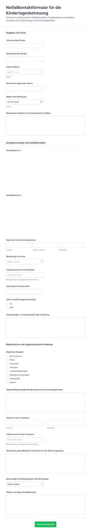 Notfallkontaktformular Für Kindertagesstätten