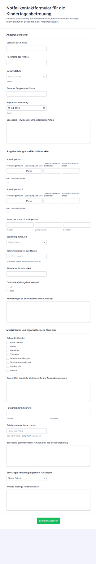 Notfallkontaktformular Für Kindertagesstätten