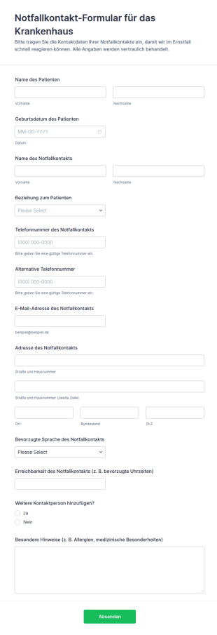 Notfallkontaktformular Für Krankenhäuser
